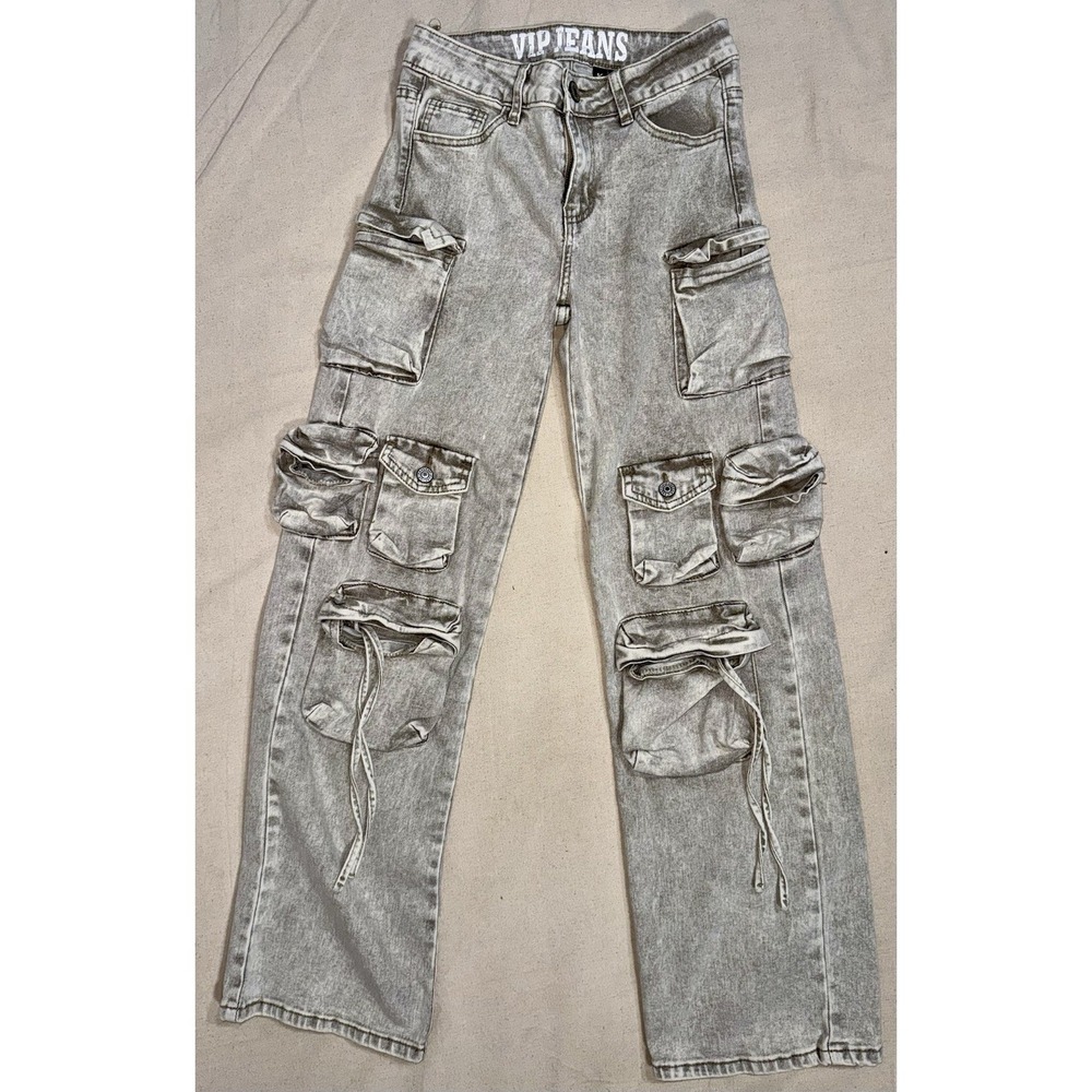 Y2K VIP Jeans Women's 3/26 Gray Acid Wash Cargo Denim Mid Rise Lots of Pockets